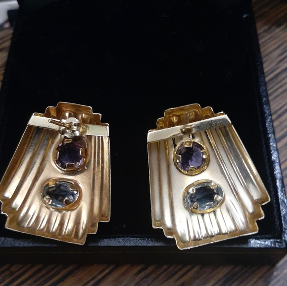 14K YELLOW GOLD BLUE TOPAZ/ AMETHYST EARRINGS NWT - Picture 3 of 7